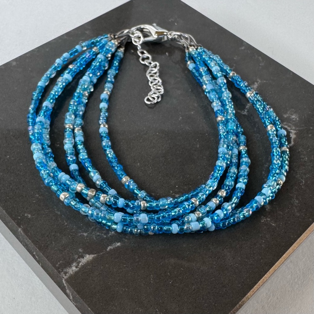 HAND CRAFTED BRACELET Ocean Blue Multi-Strand Czech Glass Beaded Delicate NWT - Picture 7 of 16